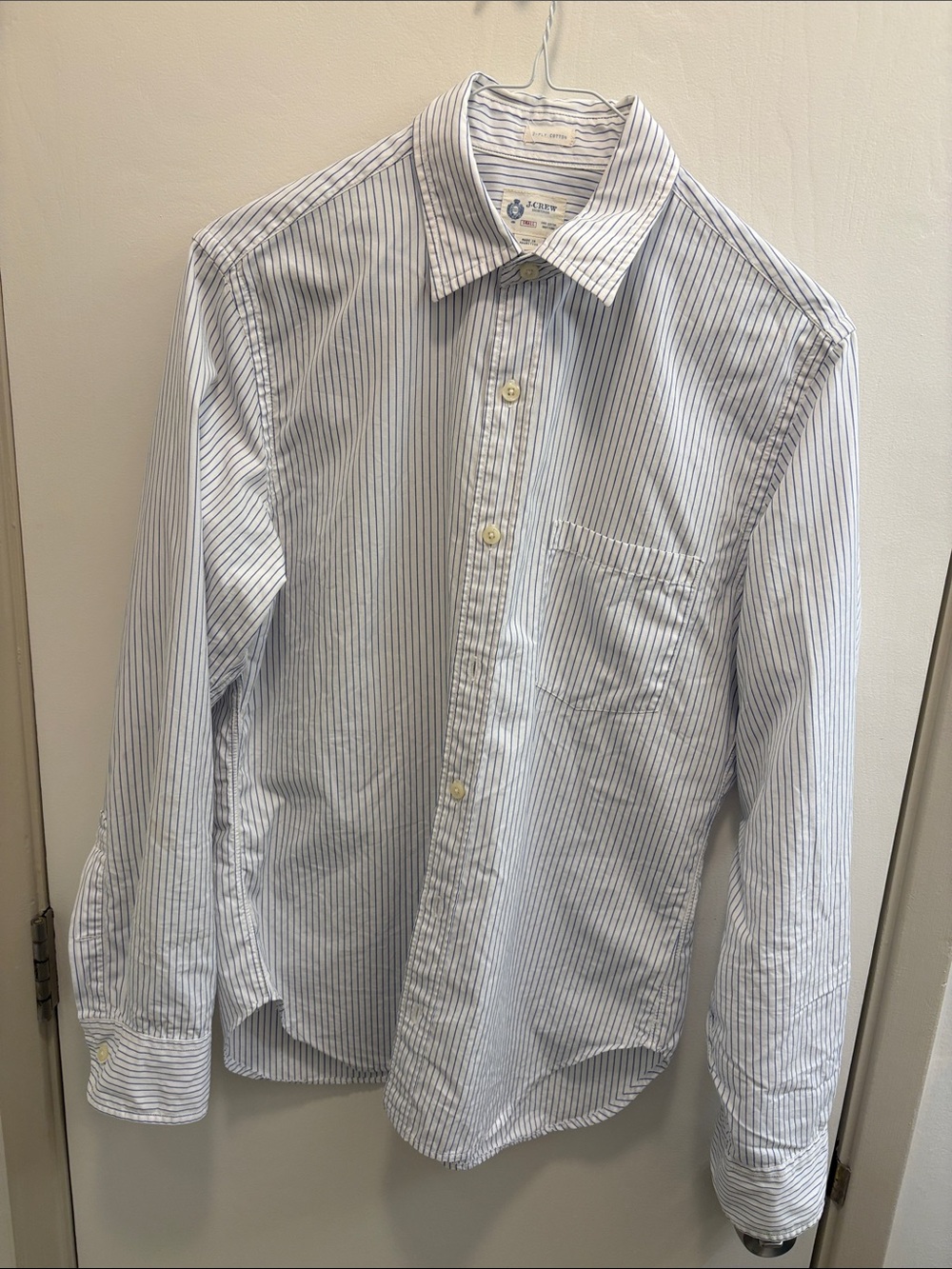 J. Crew Men's White Shirt with Thin Blue Stripes. Small. Cotton. In good conditi